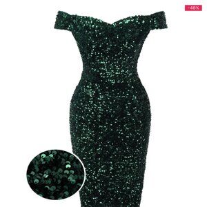 Pinup Emerald Green 1960s Sequins Off-Shoulder Pencil Dress RETRO STAGE Medium
